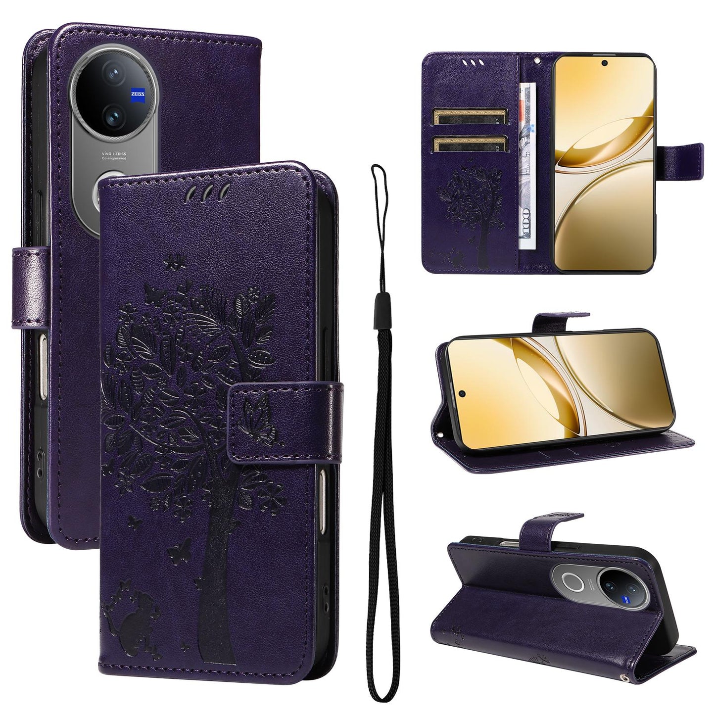 For vivo V50 5G Global Tree & Cat Embossed Pattern Flip Leather Phone Case(Purple)
