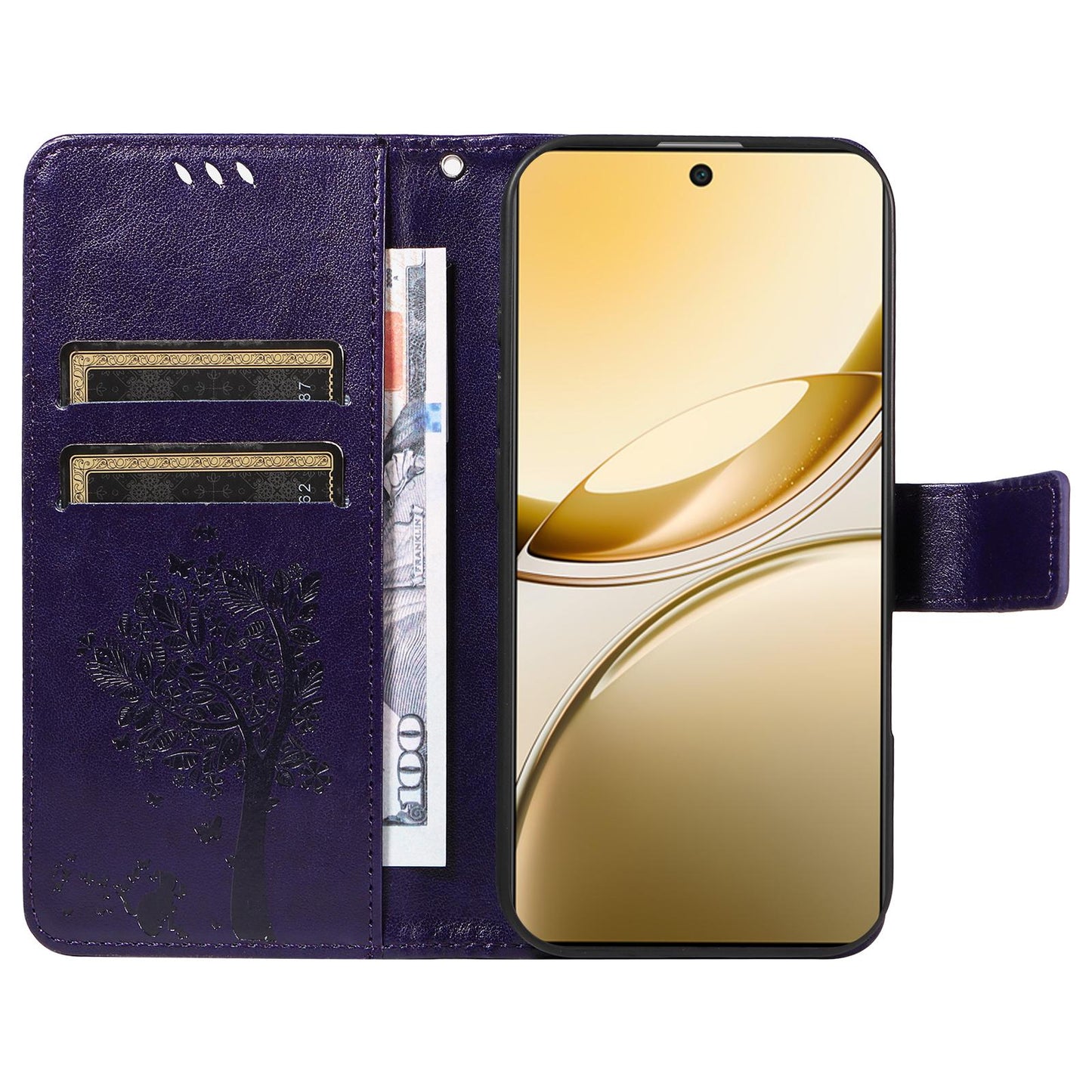 For vivo V50 5G Global Tree & Cat Embossed Pattern Flip Leather Phone Case(Purple)