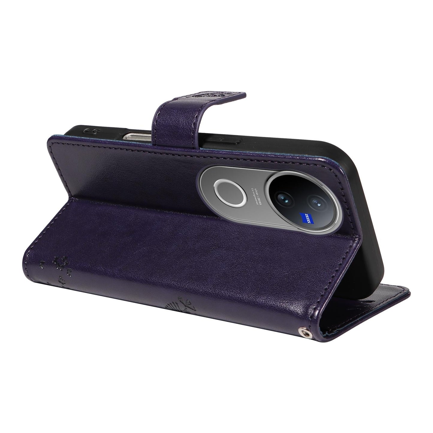 For vivo V50 5G Global Tree & Cat Embossed Pattern Flip Leather Phone Case(Purple)