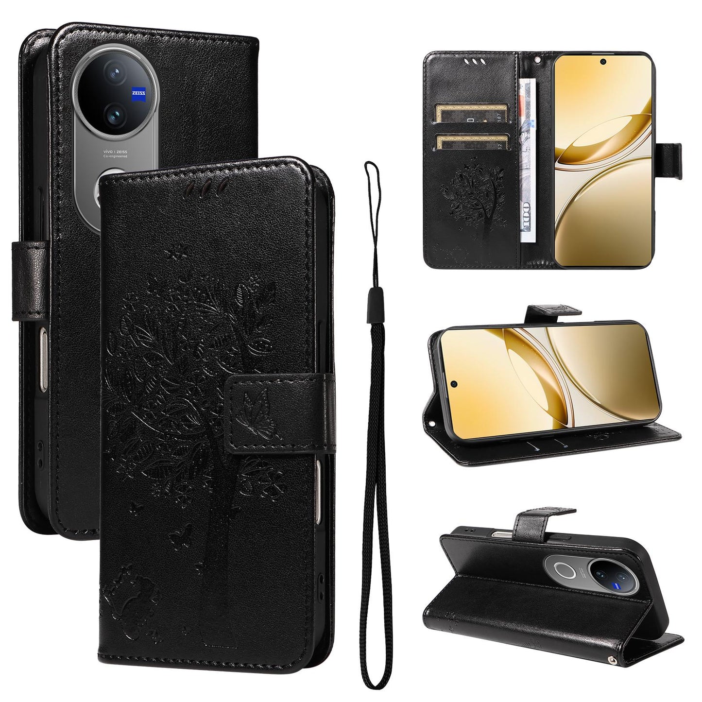 For vivo V50 5G Global Tree & Cat Embossed Pattern Flip Leather Phone Case(Black)