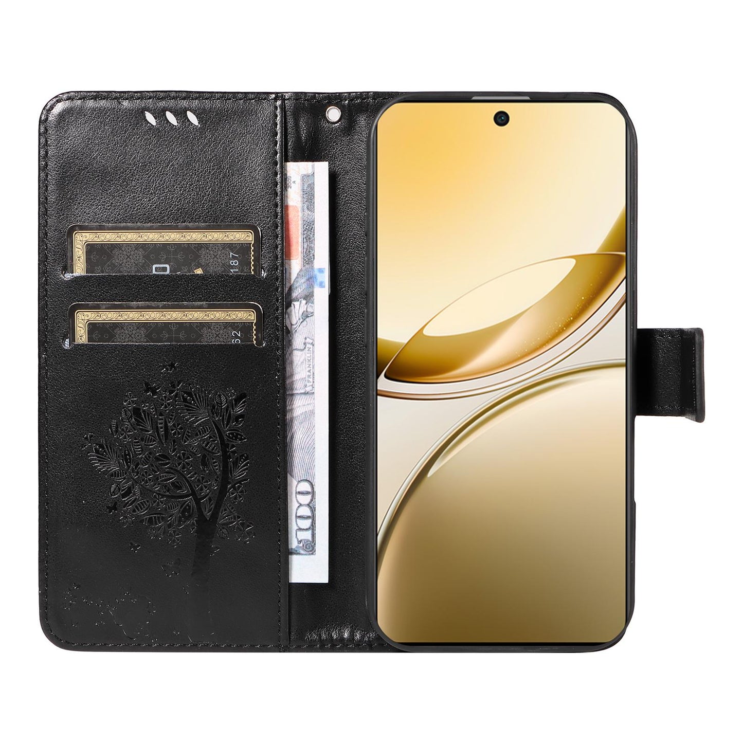 For vivo V50 5G Global Tree & Cat Embossed Pattern Flip Leather Phone Case(Black)