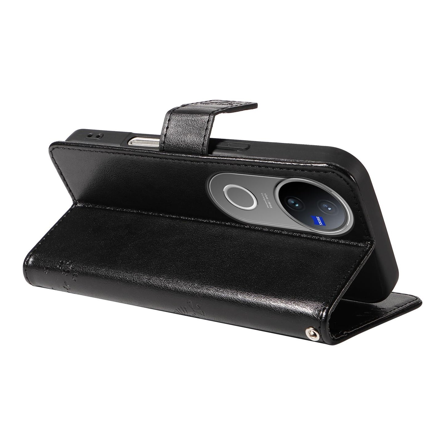 For vivo V50 5G Global Tree & Cat Embossed Pattern Flip Leather Phone Case(Black)