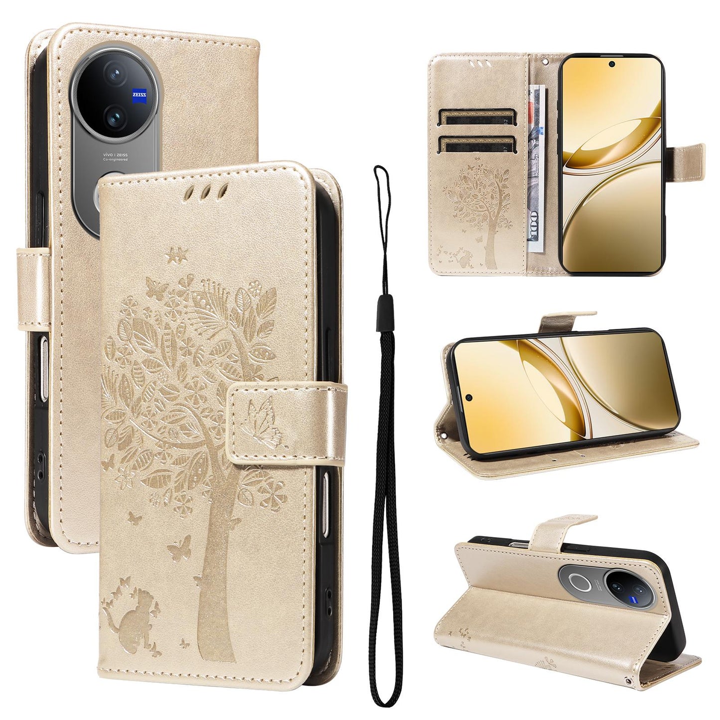 For vivo V50 5G Global Tree & Cat Embossed Pattern Flip Leather Phone Case(Gold)