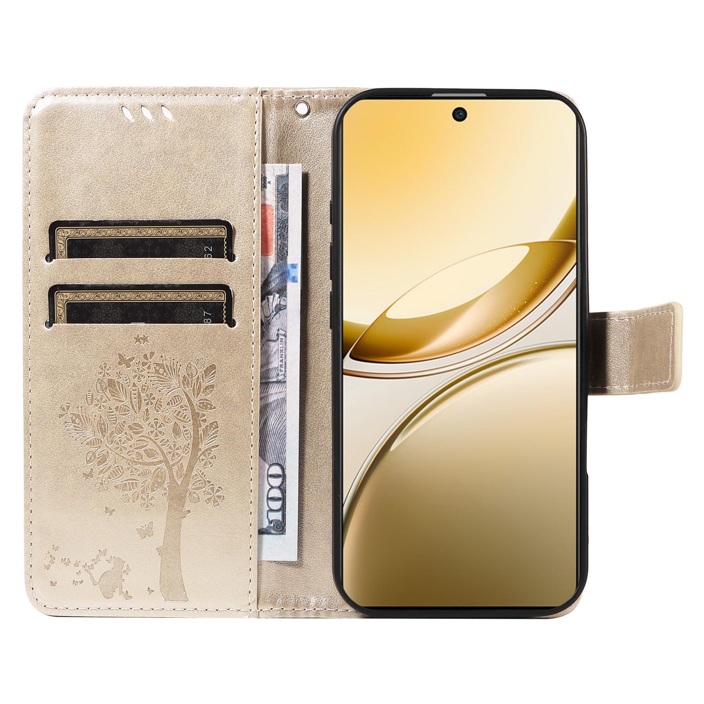 For vivo V50 5G Global Tree & Cat Embossed Pattern Flip Leather Phone Case(Gold)