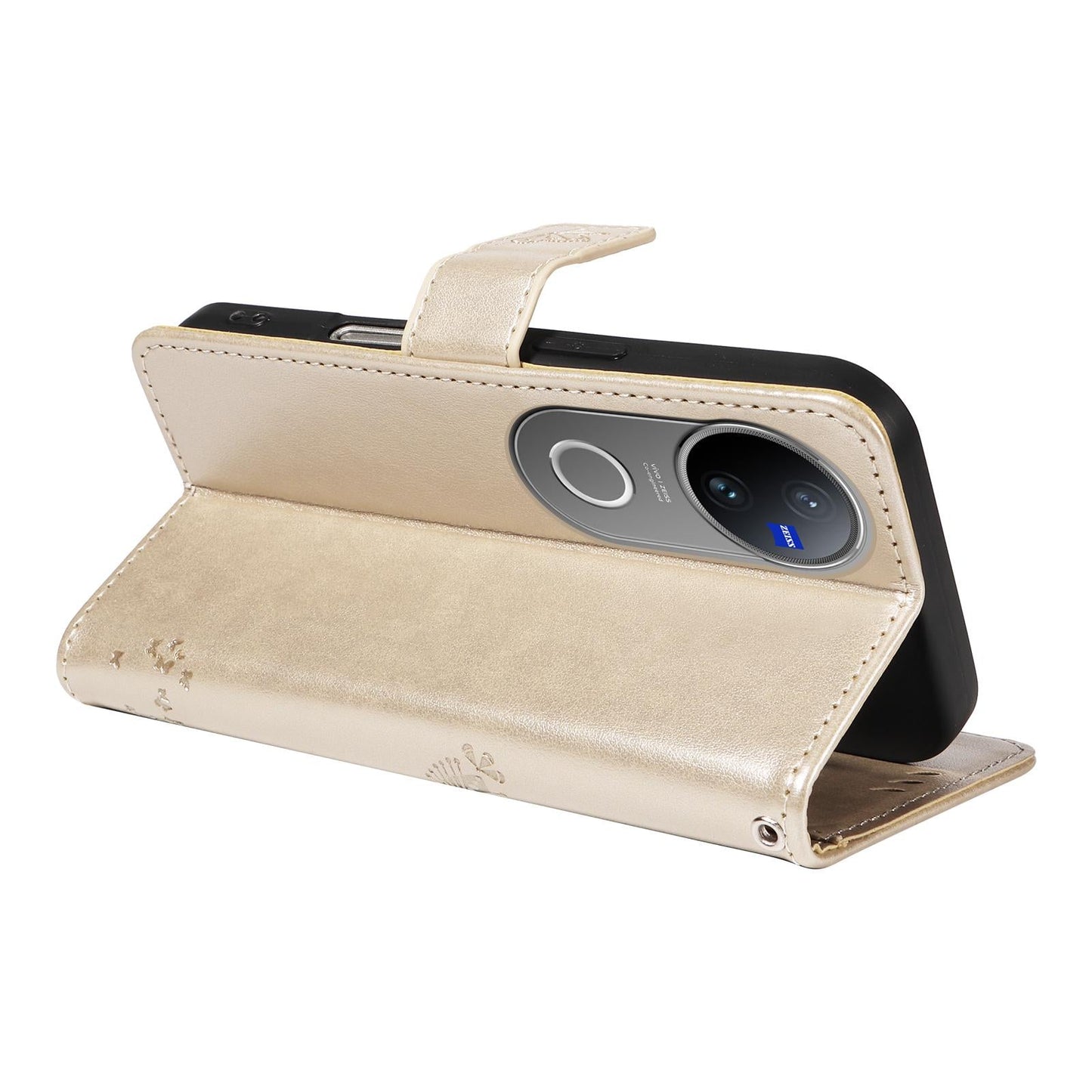 For vivo V50 5G Global Tree & Cat Embossed Pattern Flip Leather Phone Case(Gold)