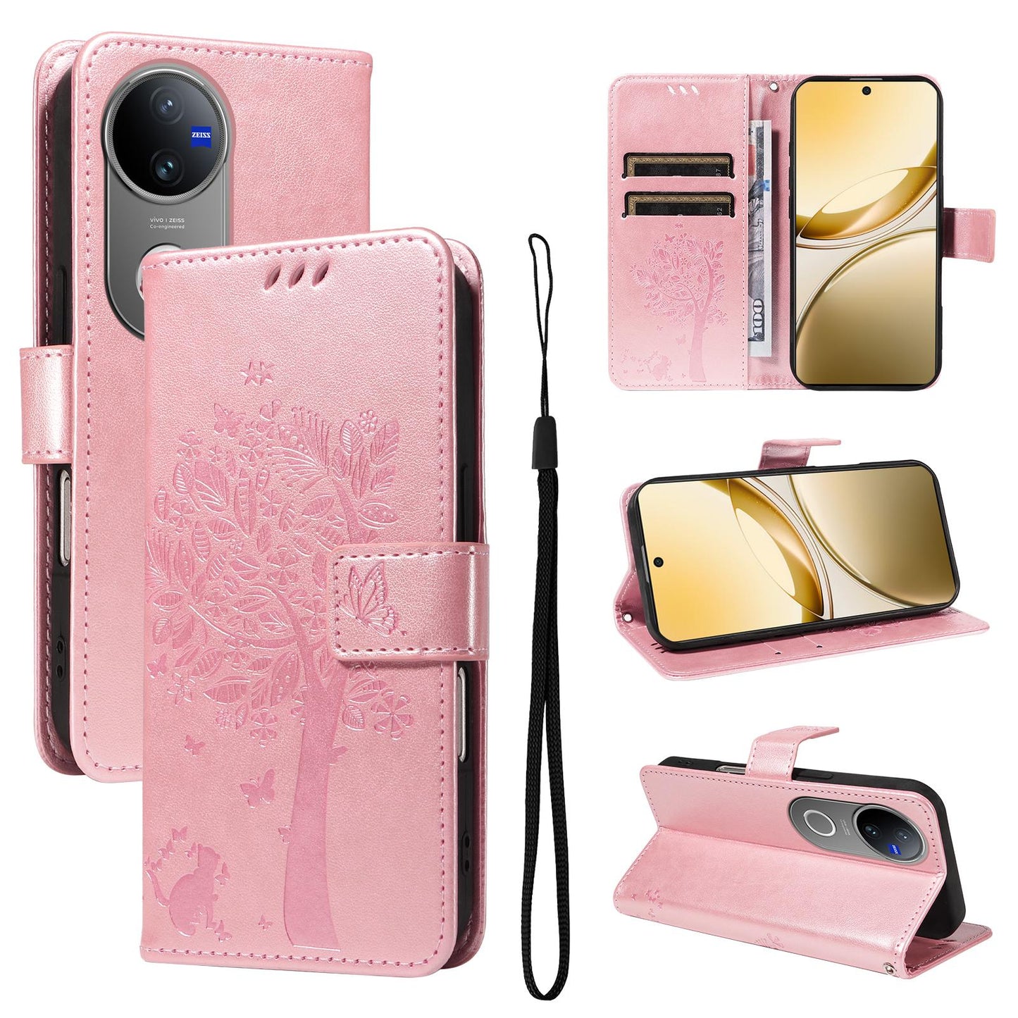 For vivo V50 5G Global Tree & Cat Embossed Pattern Flip Leather Phone Case(Rose Gold)