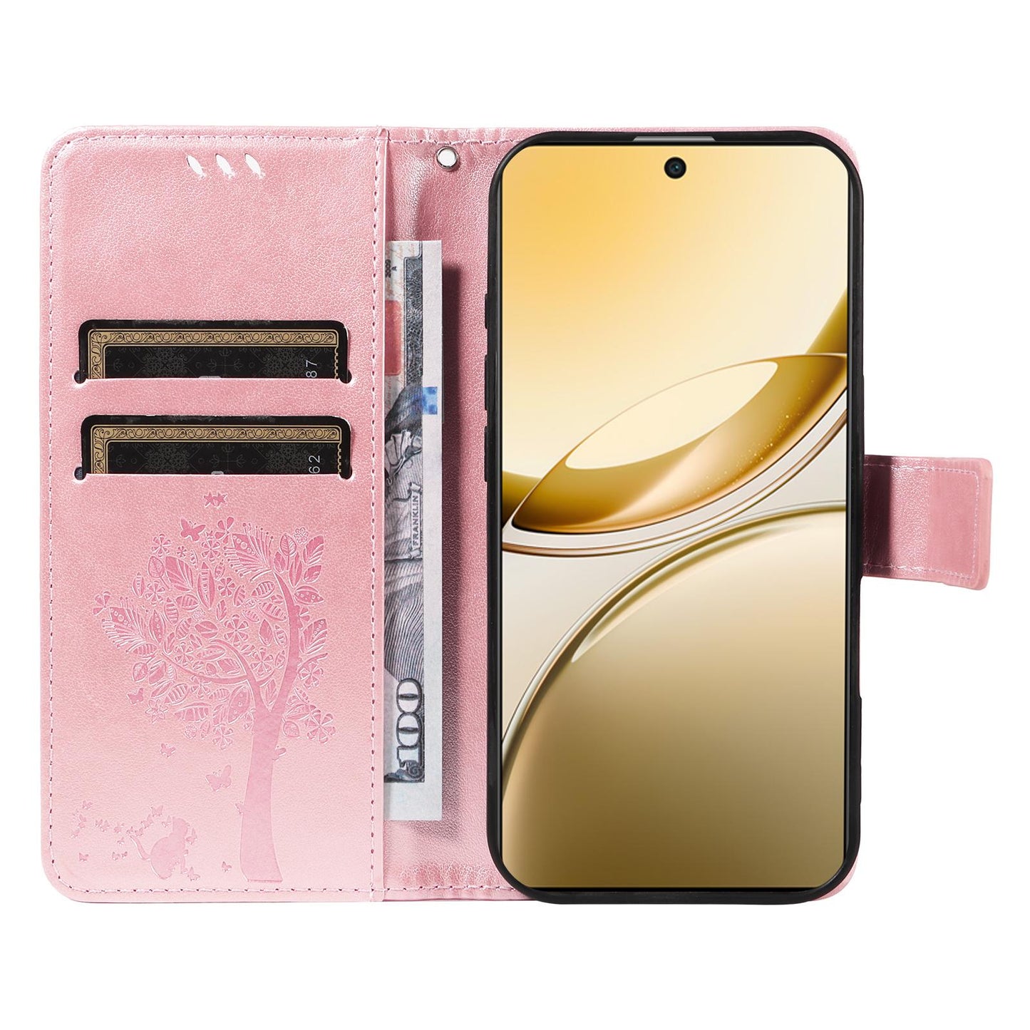 For vivo V50 5G Global Tree & Cat Embossed Pattern Flip Leather Phone Case(Rose Gold)