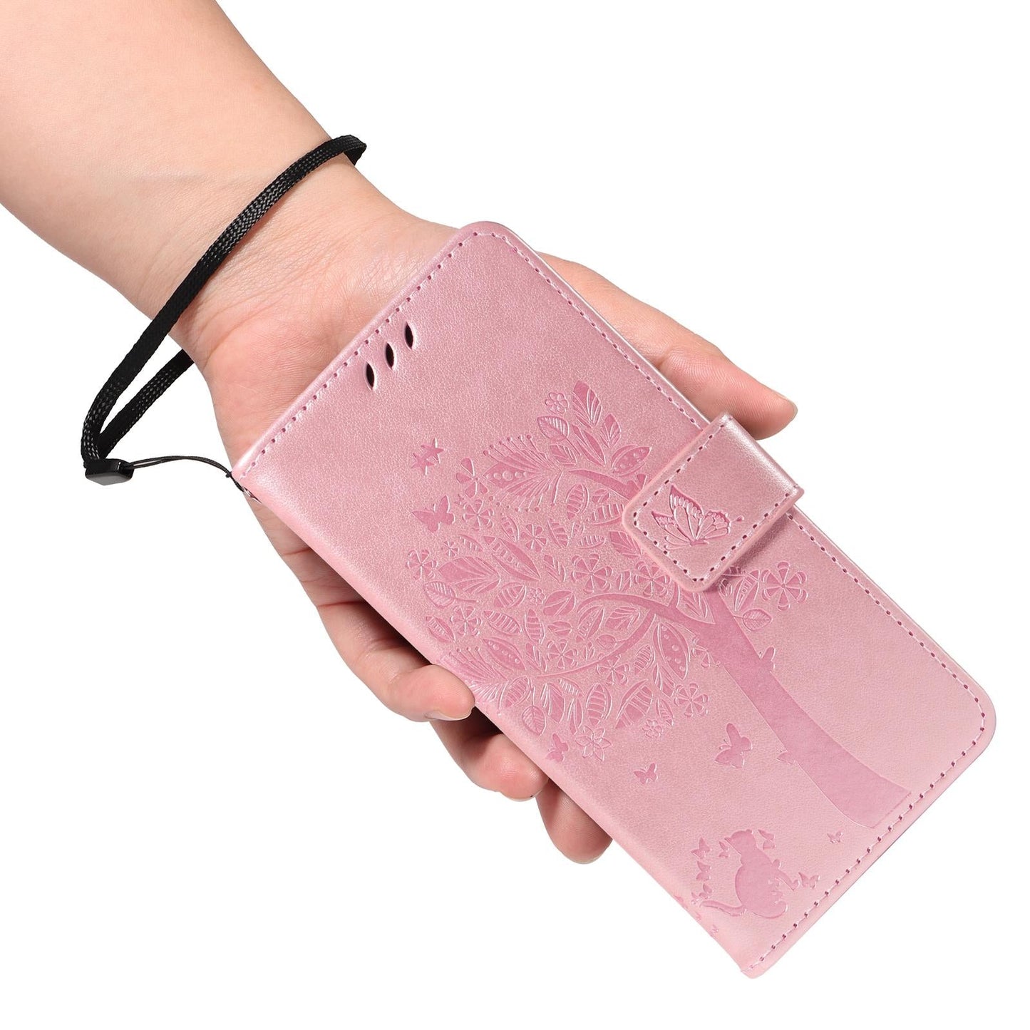 For vivo V50 5G Global Tree & Cat Embossed Pattern Flip Leather Phone Case(Rose Gold)
