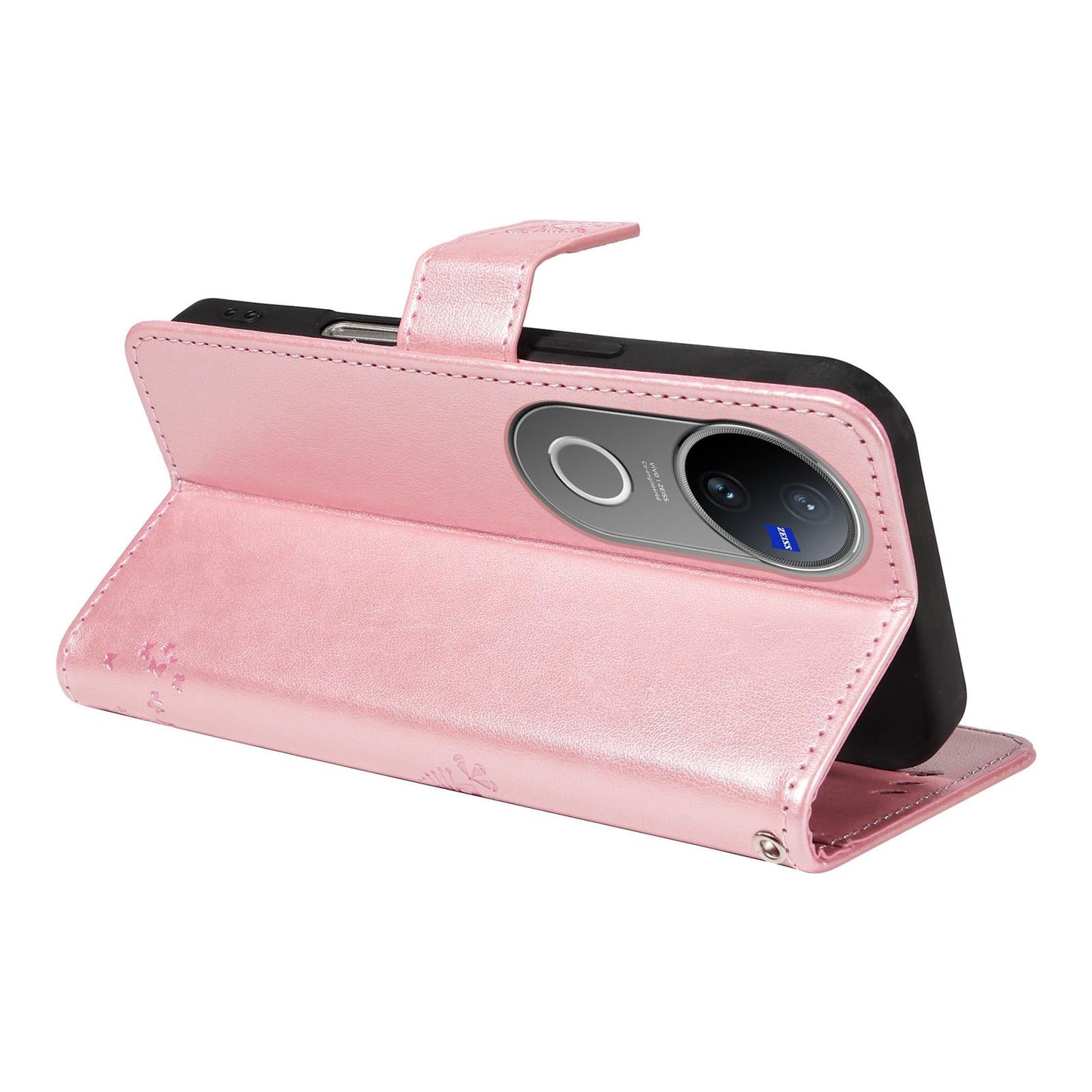 For vivo V50 5G Global Tree & Cat Embossed Pattern Flip Leather Phone Case(Rose Gold)