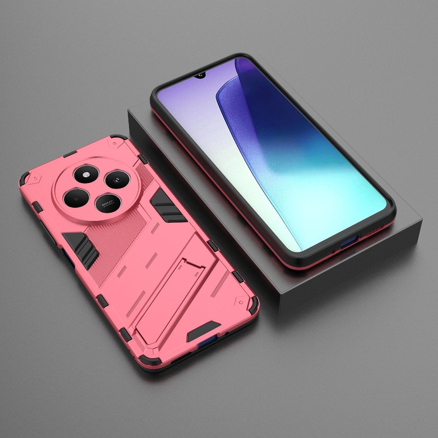 For Redmi 14C 4G Global Punk Armor 2 in 1 PC + TPU Phone Case with Holder(Light Red)