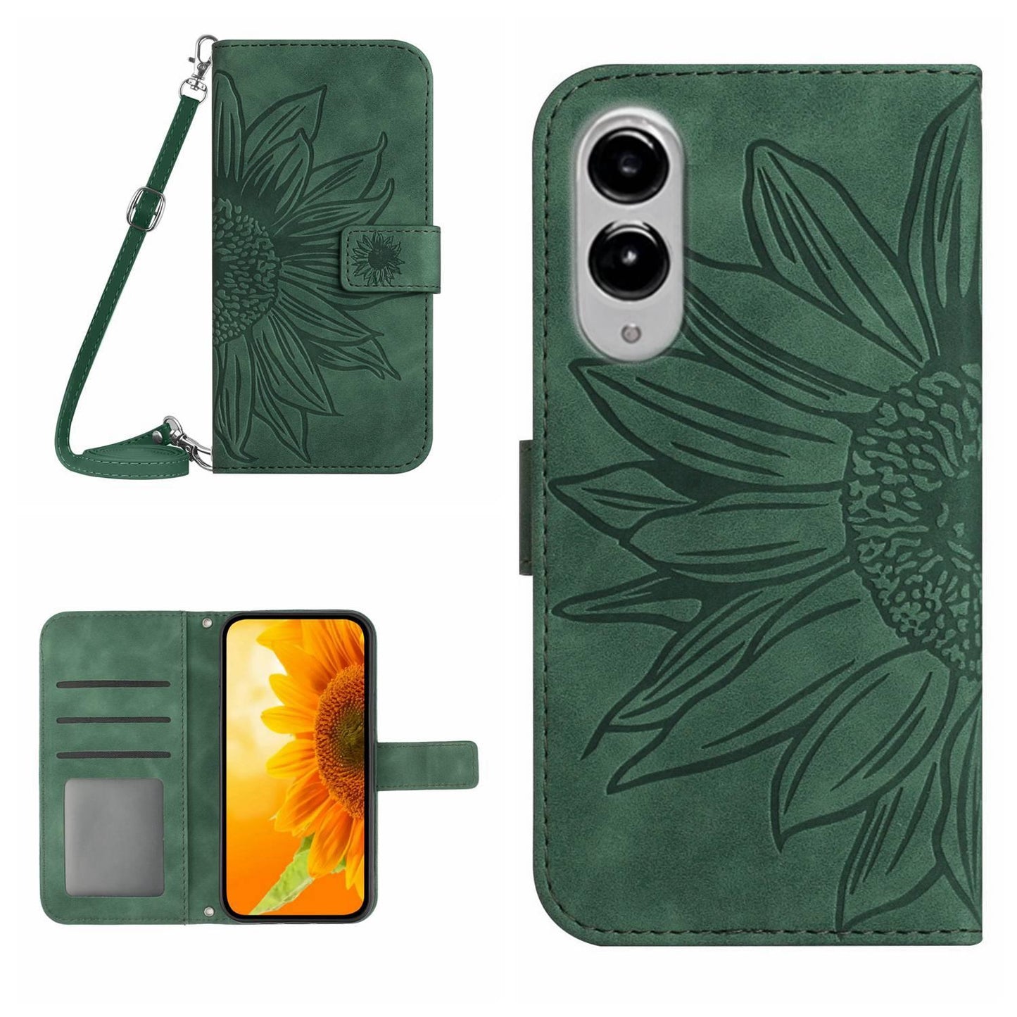 For Samsung Galaxy S25 Edge 5G Skin Feel Sun Flower Embossed Flip Leather Phone Case with Lanyard(Green)