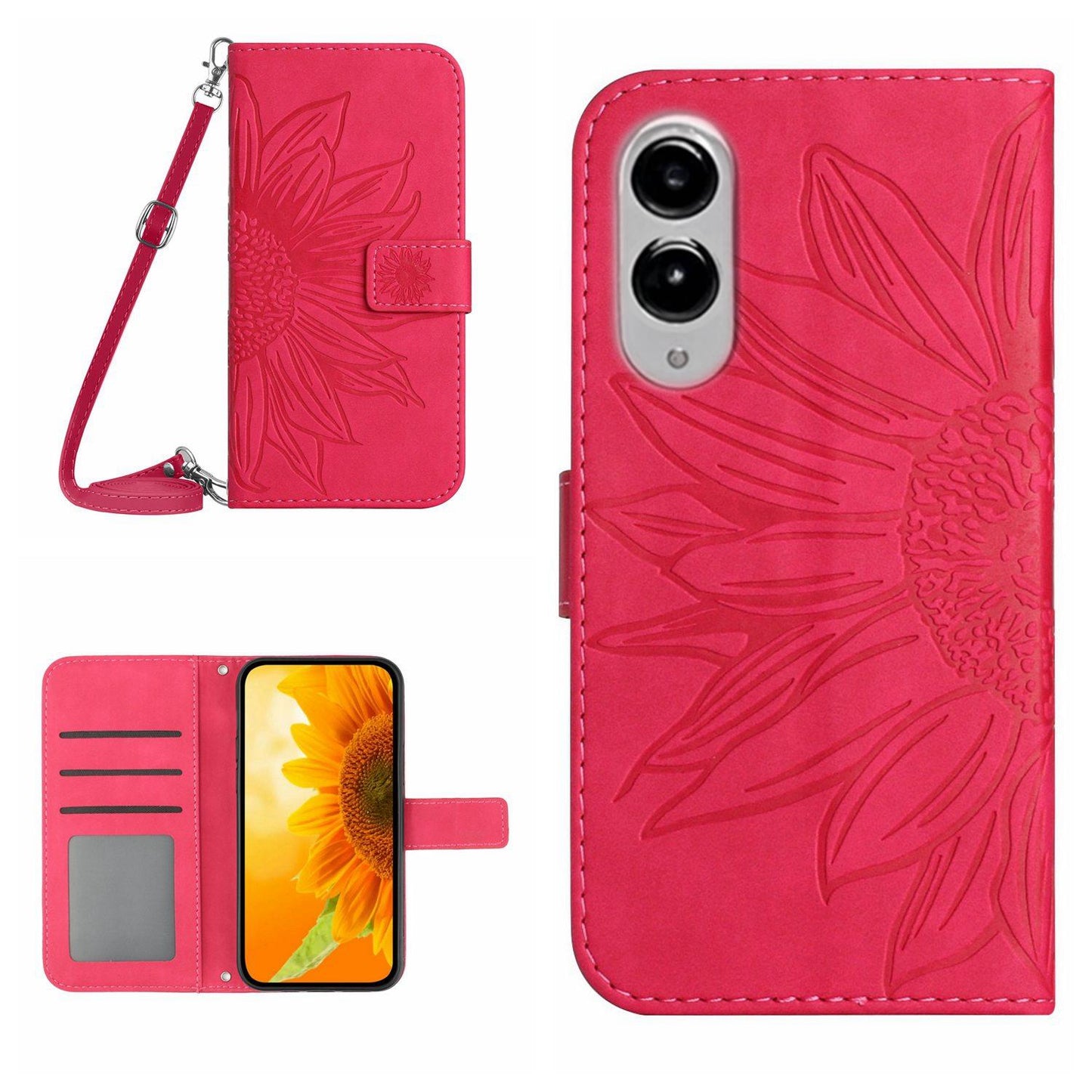 For Samsung Galaxy S25 Edge 5G Skin Feel Sun Flower Embossed Flip Leather Phone Case with Lanyard(Rose Red)