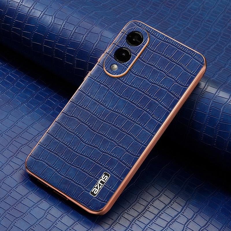 For Samsung Galaxy S25 Edge 5G AZNS Electroplated Frame Crocodile Texture Full Coverage Phone Case(Blue)
