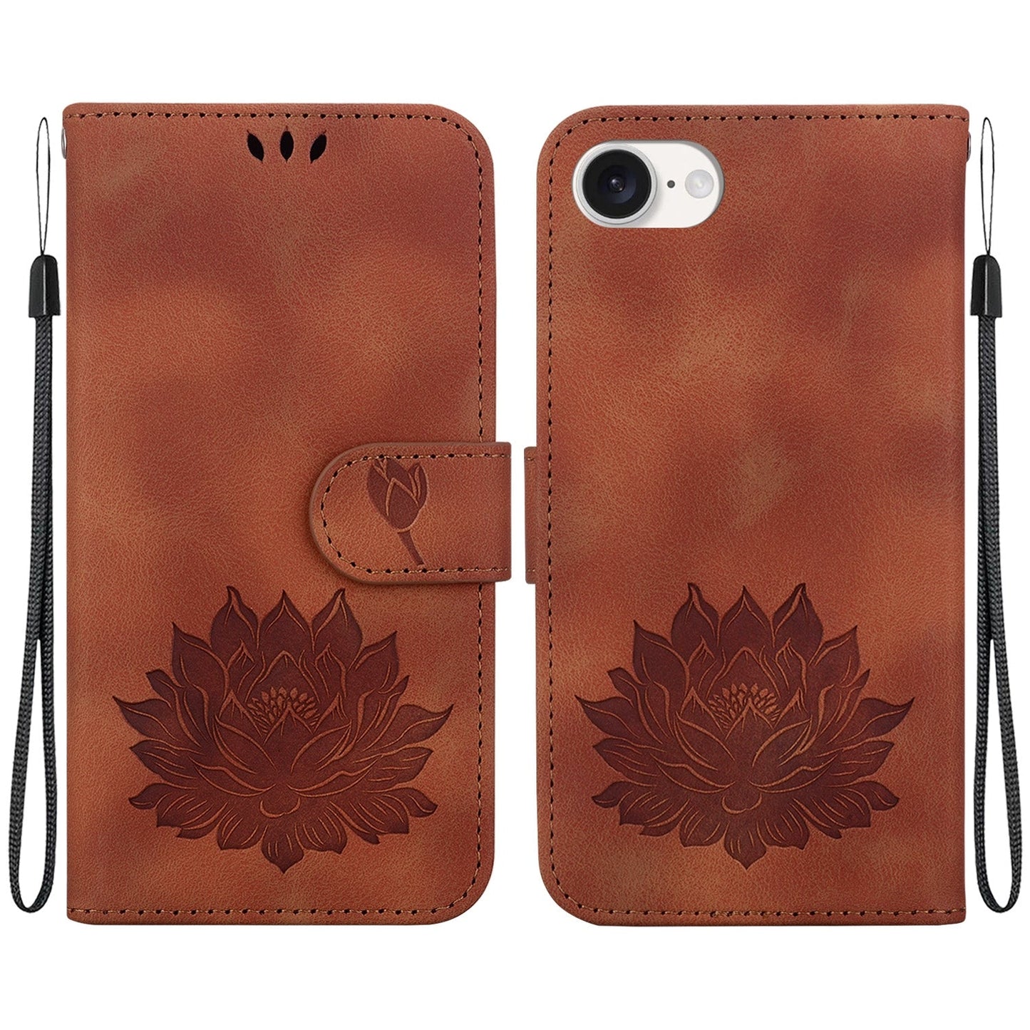 For iPhone 16e Lotus Embossed Leather Phone Case(Brown)