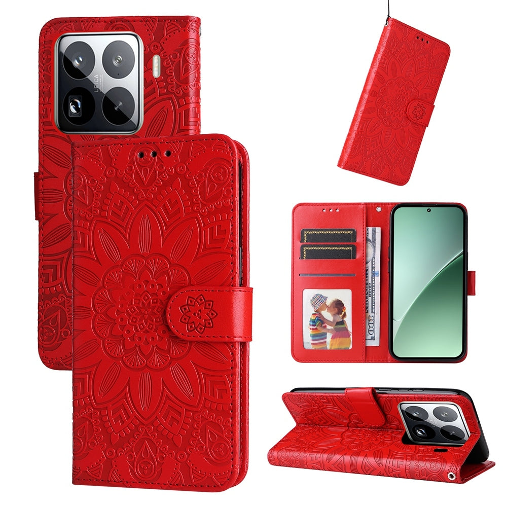 For Xiaomi 15 Pro Embossed Sunflower Leather Phone Case(Red)