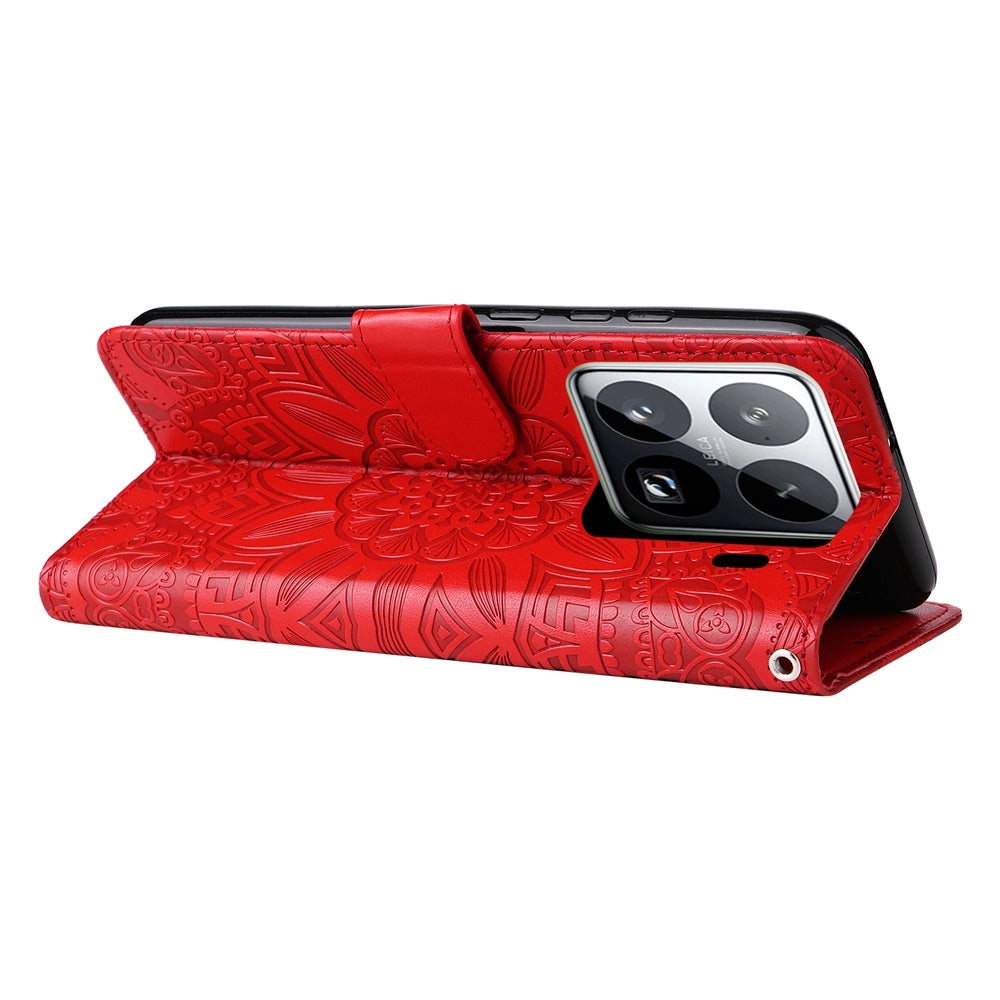 For Xiaomi 15 Pro Embossed Sunflower Leather Phone Case(Red)