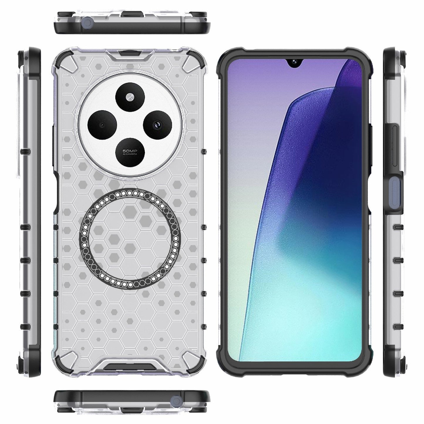 For Redmi 14C 4G Global Honeycomb Magnetic Ring Shockproof Phone Case(White)