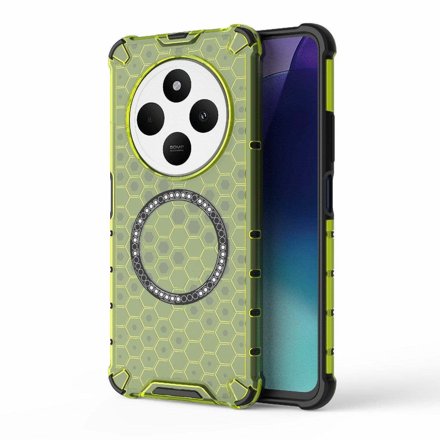 For Redmi 14C 4G Global Honeycomb Magnetic Ring Shockproof Phone Case(Green)