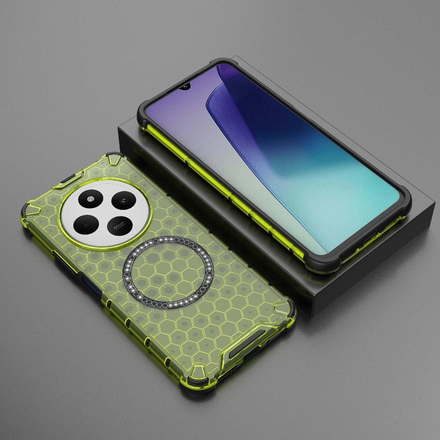 For Redmi 14C 4G Global Honeycomb Magnetic Ring Shockproof Phone Case(Green)