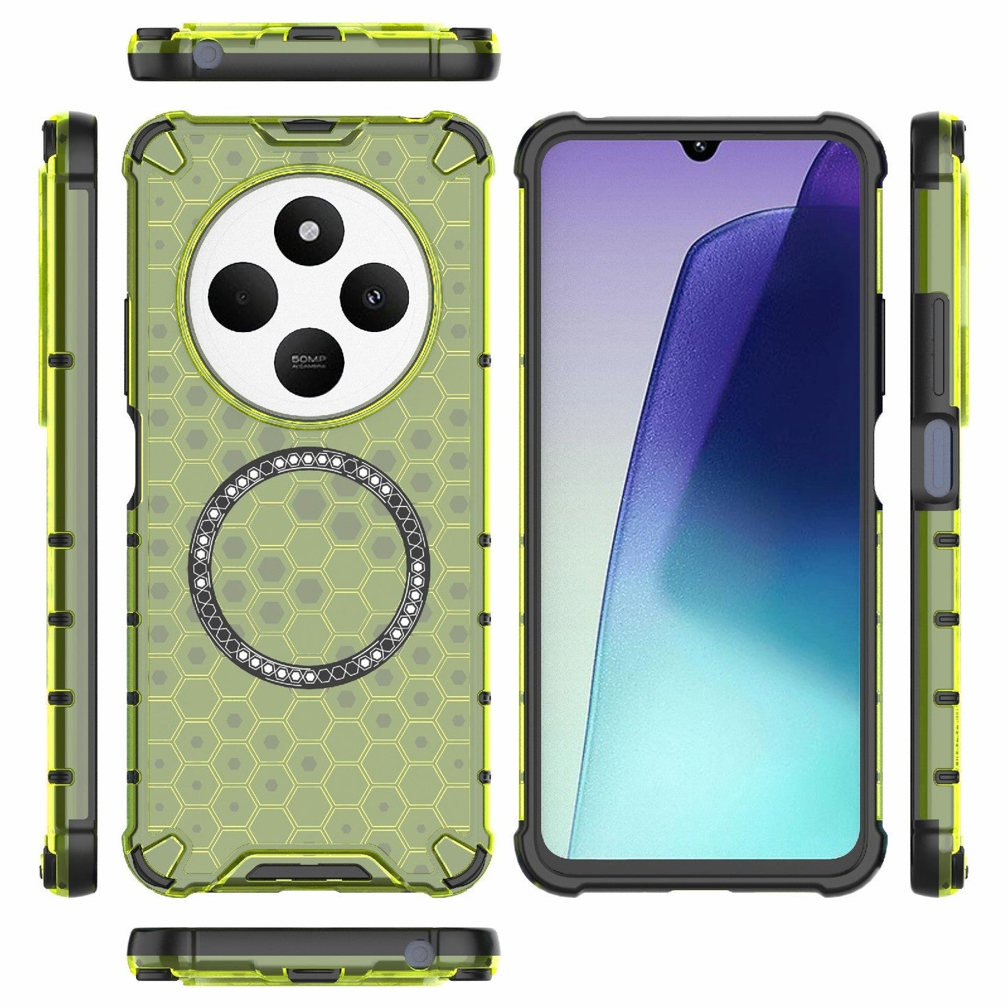 For Redmi 14C 4G Global Honeycomb Magnetic Ring Shockproof Phone Case(Green)