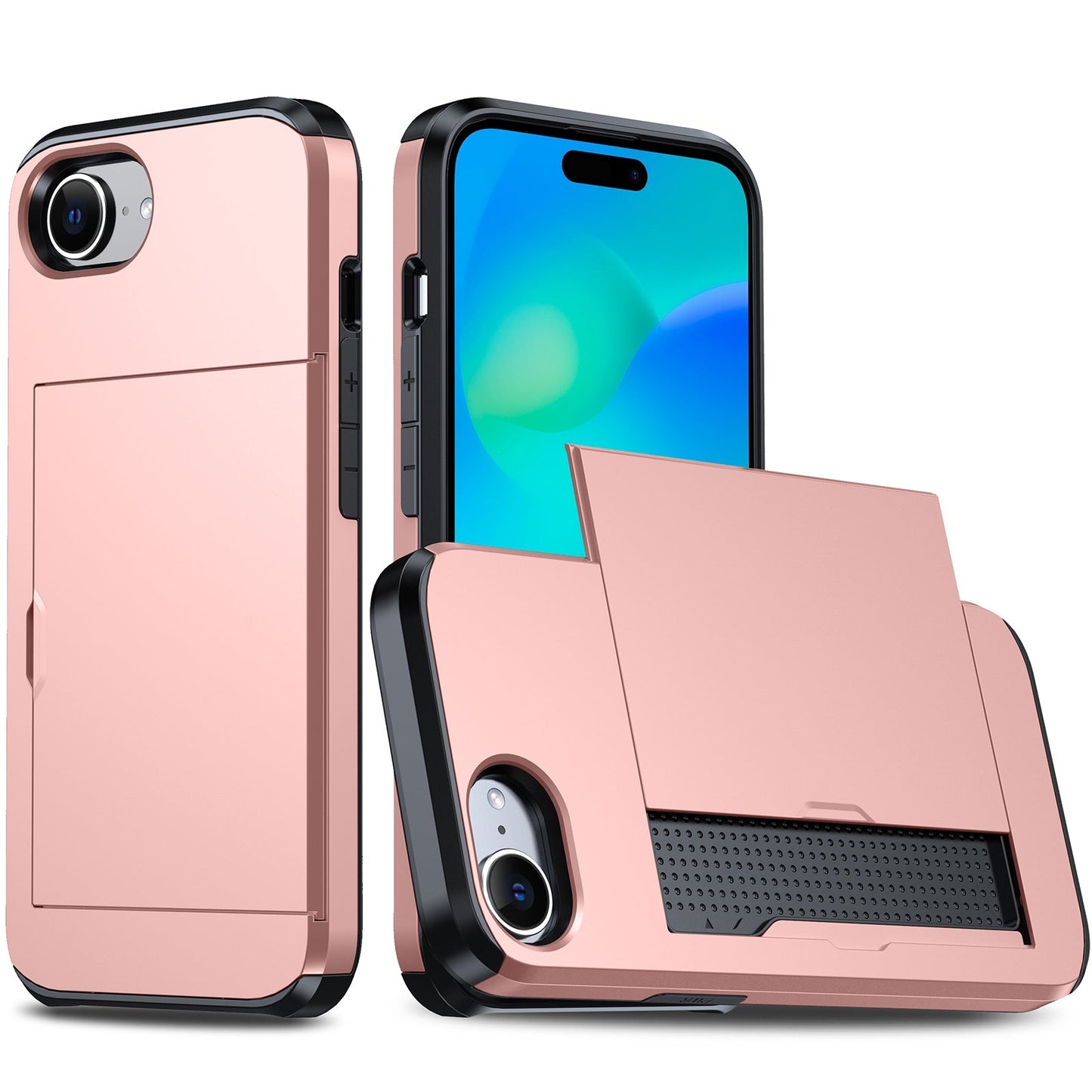 For iPhone 16e Shockproof Armor Phone Case with Card Slot(Rose Gold)