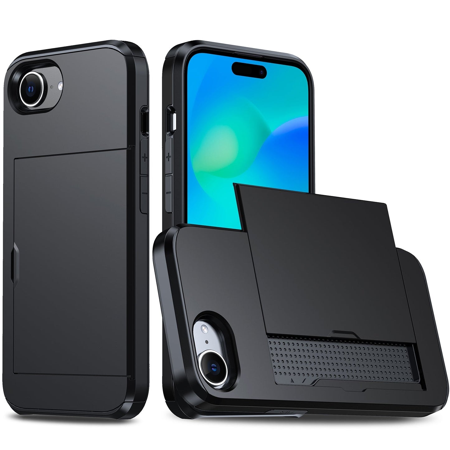 For iPhone 16e Shockproof Armor Phone Case with Card Slot(Black)