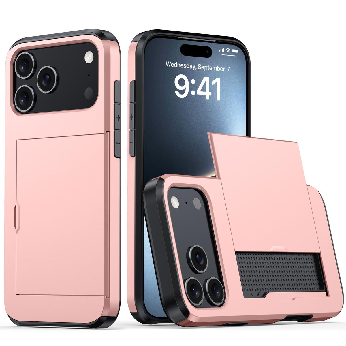 Compatible with iPhone 18 Pro Max Shockproof Armor Phone Case with Card Slot - Rose Gold