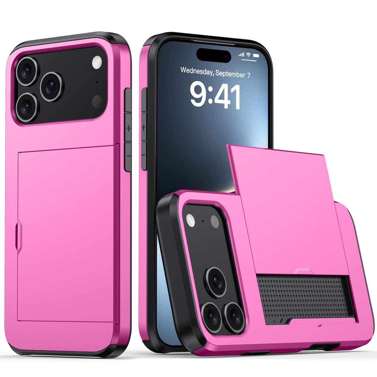 Compatible with iPhone 18 Pro Max Shockproof Armor Phone Case with Card Slot - Rose Red