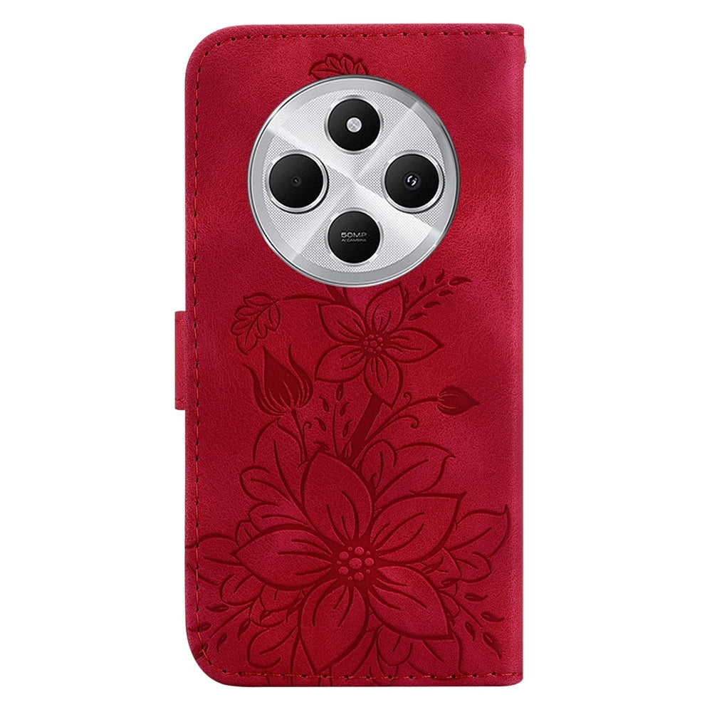 For Redmi 14C 4G Lily Embossed Leather Phone Case(Red)