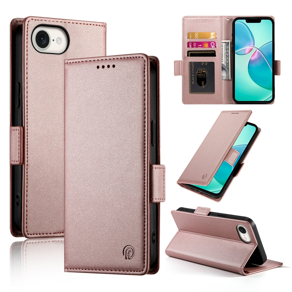 For iPhone 16e Side Buckle Magnetic Frosted Leather Phone Case(Rose Gold)