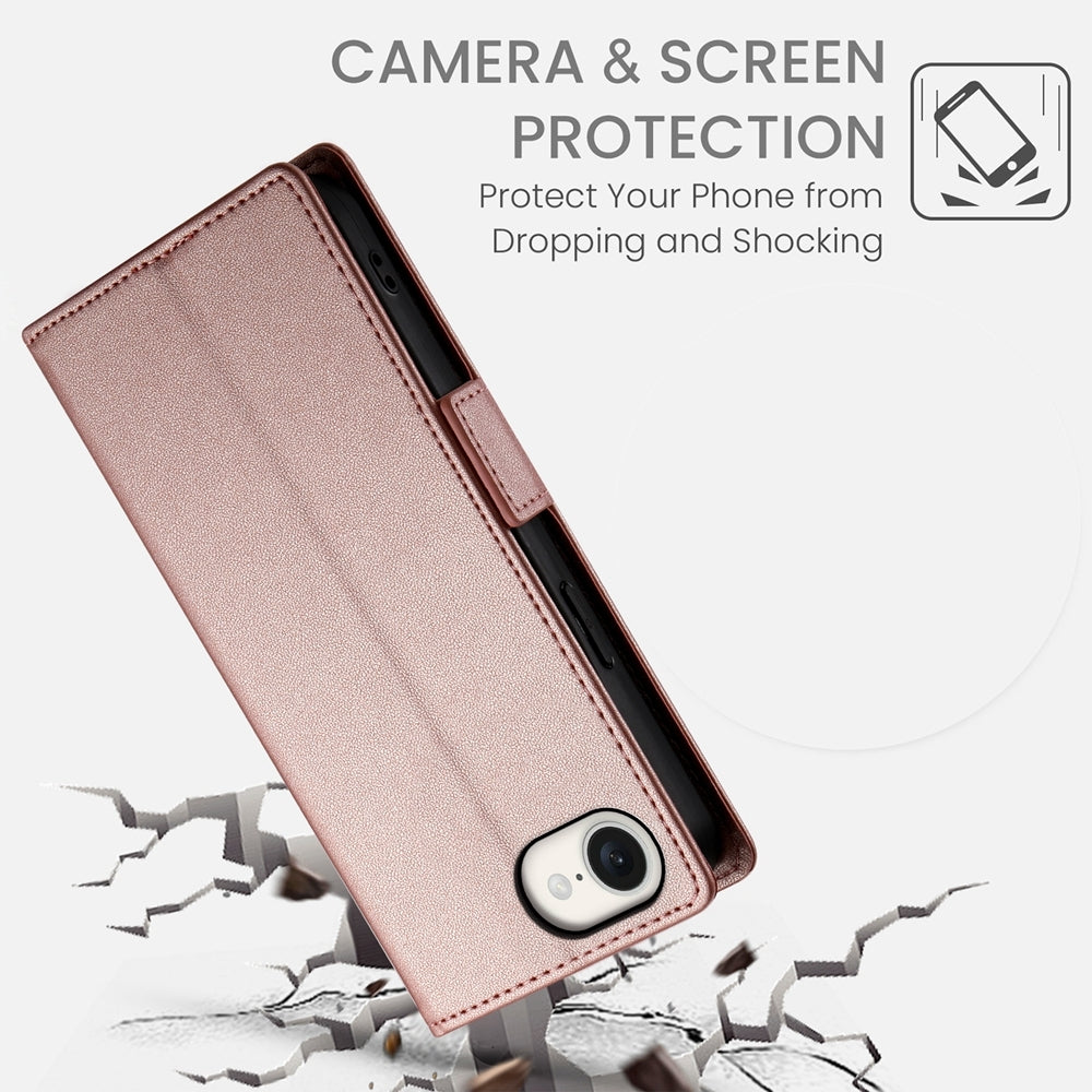 For iPhone 16e Side Buckle Magnetic Frosted Leather Phone Case(Rose Gold)