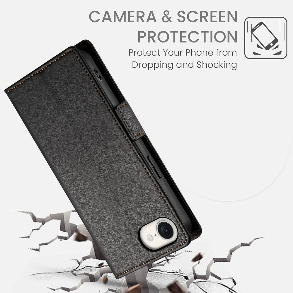For iPhone 16e Side Buckle Magnetic Frosted Leather Phone Case(Black)