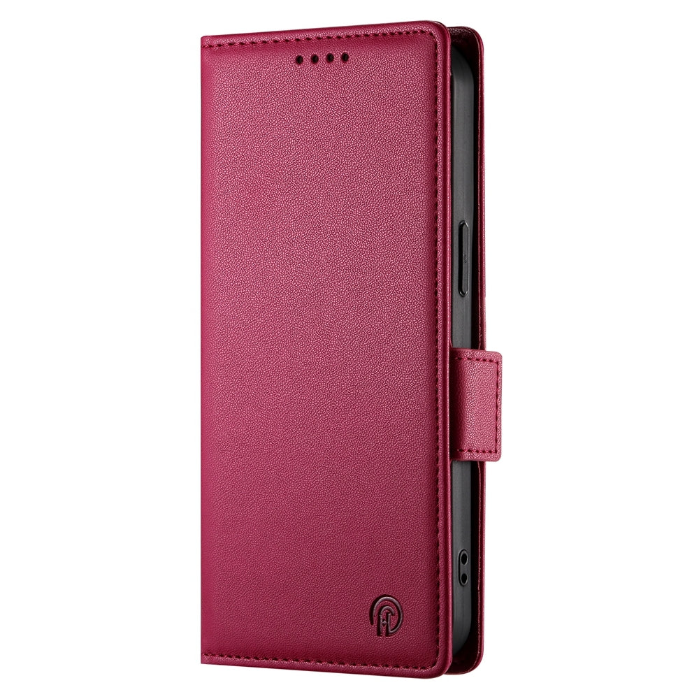 For iPhone 16e Side Buckle Magnetic Frosted Leather Phone Case(Wine Red)