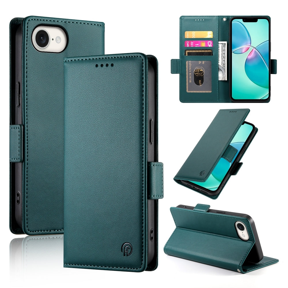 For iPhone 16e Side Buckle Magnetic Frosted Leather Phone Case(Dark Green)
