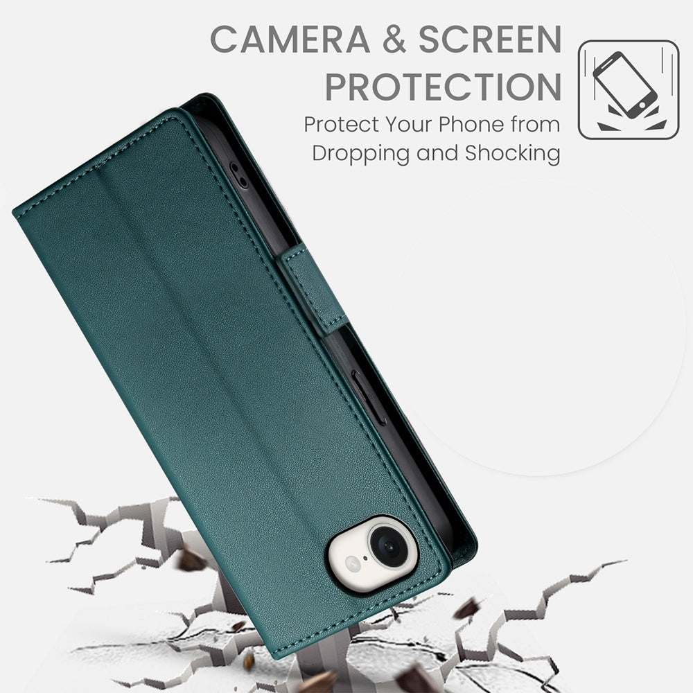 For iPhone 16e Side Buckle Magnetic Frosted Leather Phone Case(Dark Green)