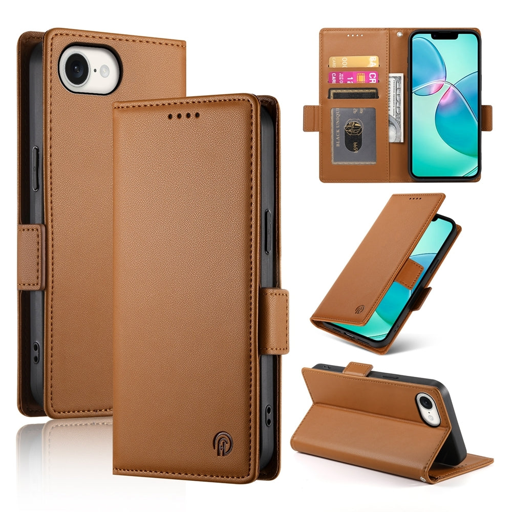 For iPhone 16e Side Buckle Magnetic Frosted Leather Phone Case(Brown)