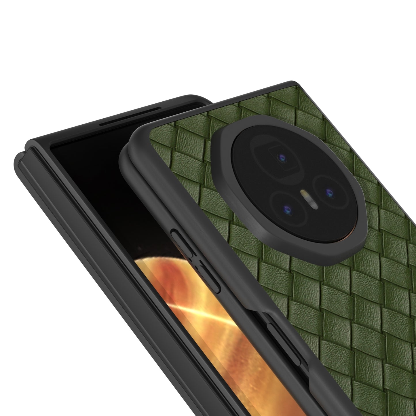 For Honor Magic V3 Black Frame Woven Texture PU Phone Case(Green)
