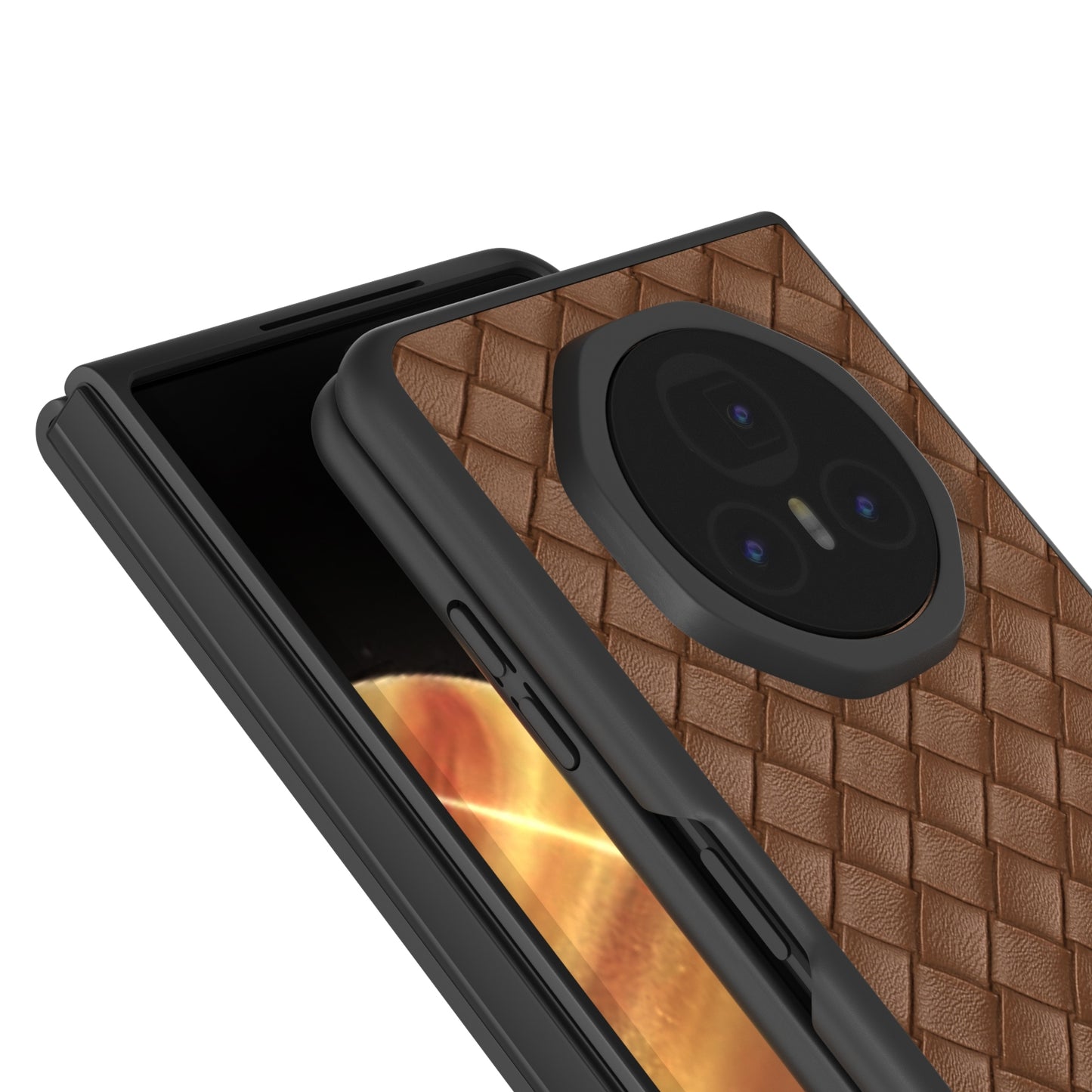 For Honor Magic V3 Black Frame Woven Texture PU Phone Case(Brown)