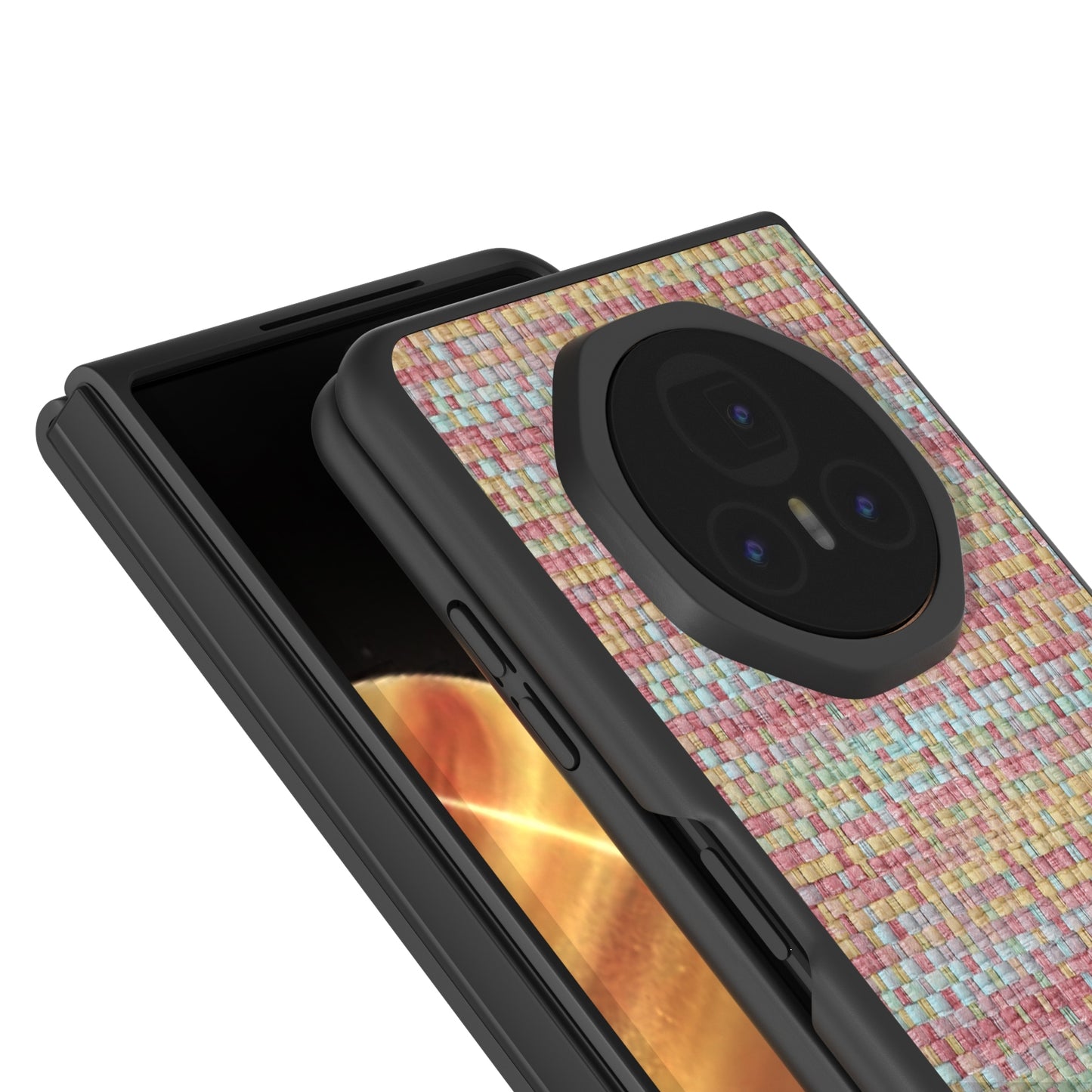 For Honor Magic V3 Black Frame Color Lattice Texture PU Phone Case(Pink)