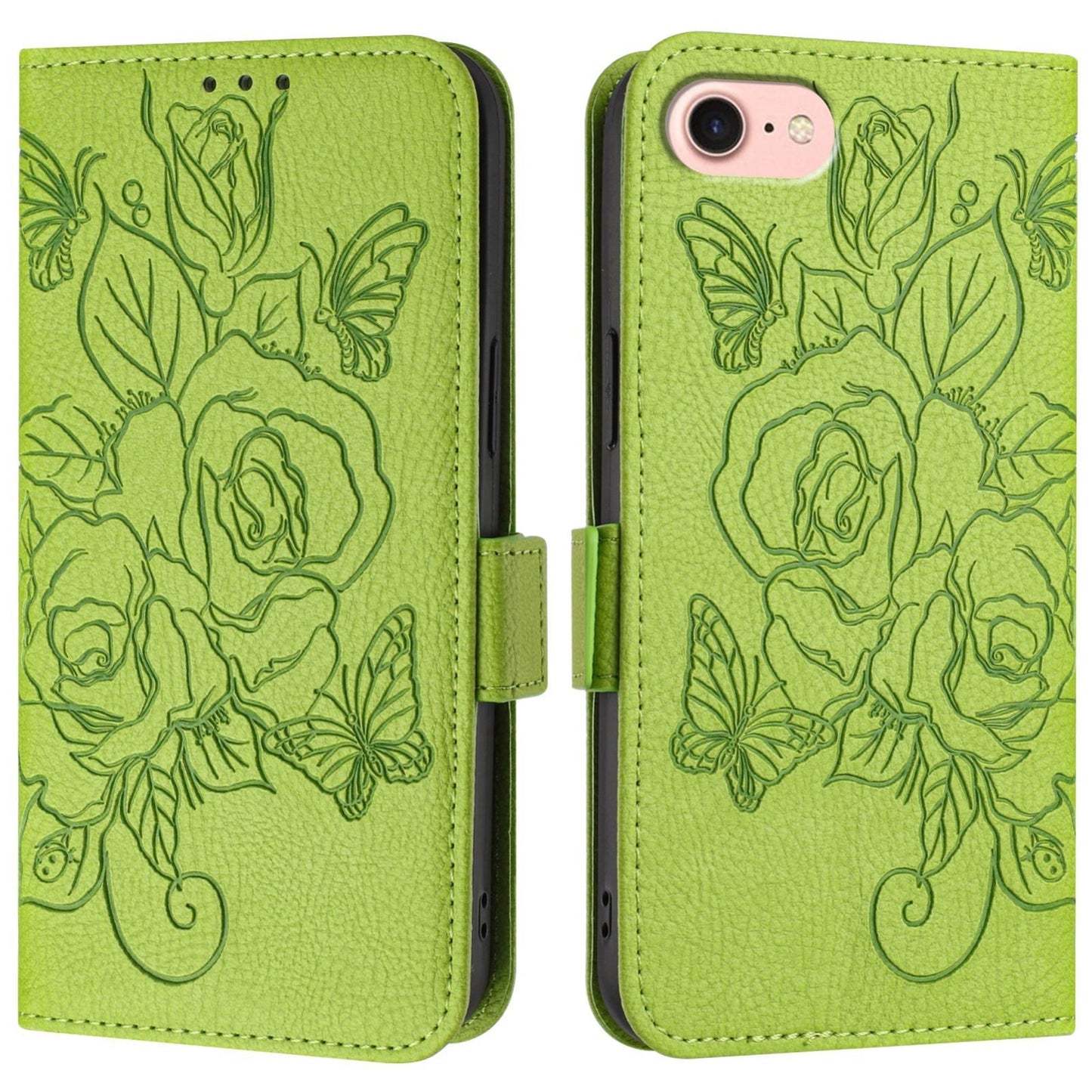 For iPhone 16e Embossed Rose RFID Anti-theft Leather Phone Case(Green)