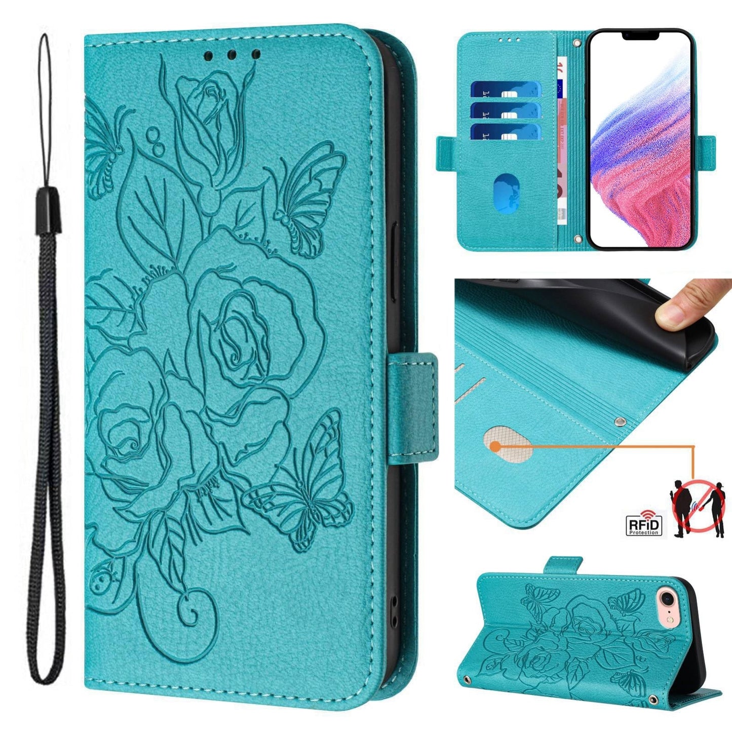 For iPhone 16e Embossed Rose RFID Anti-theft Leather Phone Case(Light Blue)