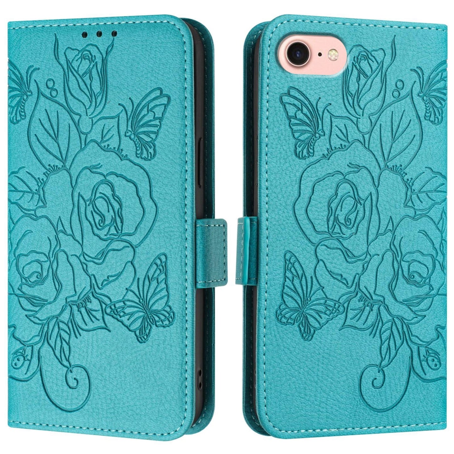 For iPhone 16e Embossed Rose RFID Anti-theft Leather Phone Case(Light Blue)