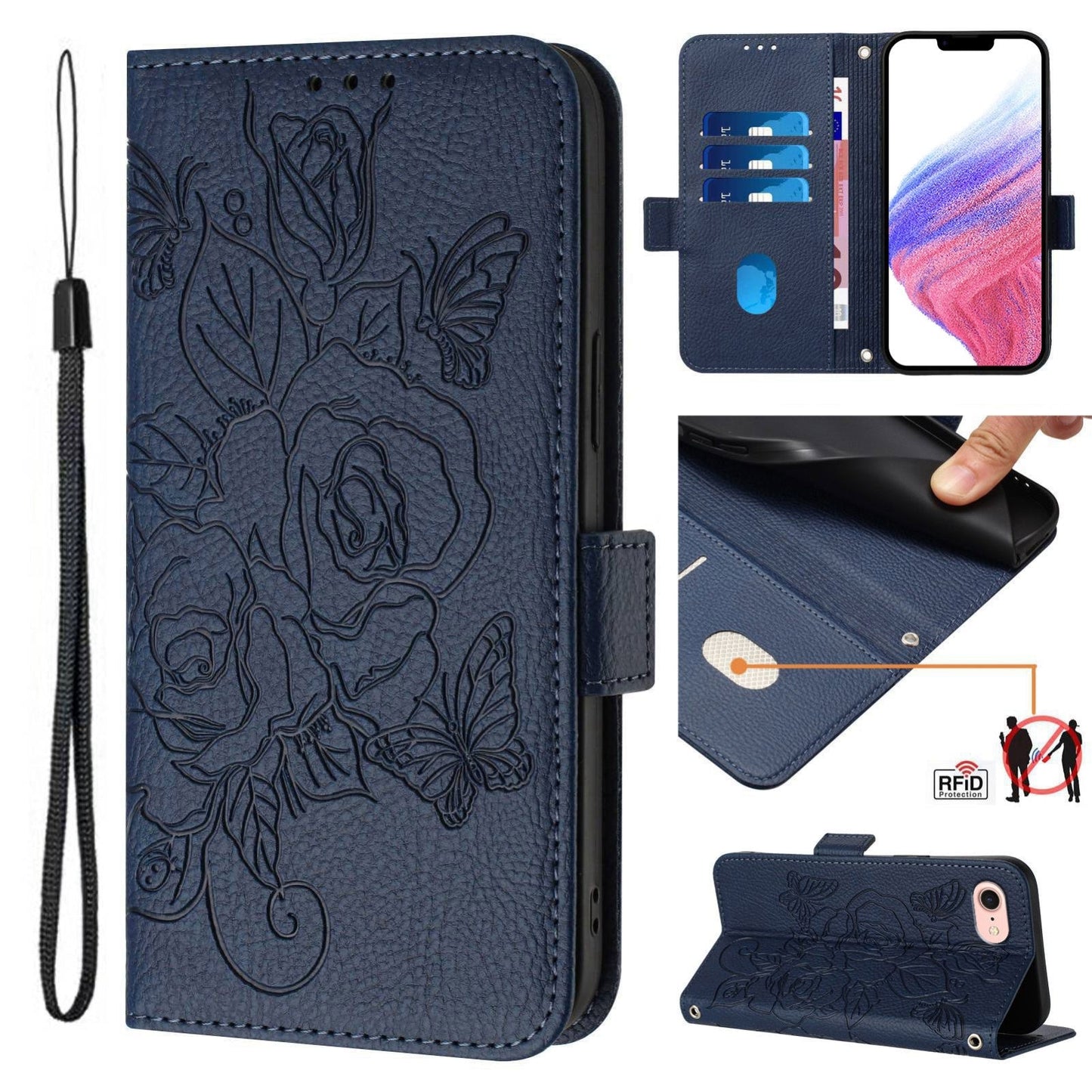 For iPhone 16e Embossed Rose RFID Anti-theft Leather Phone Case(Dark Blue)