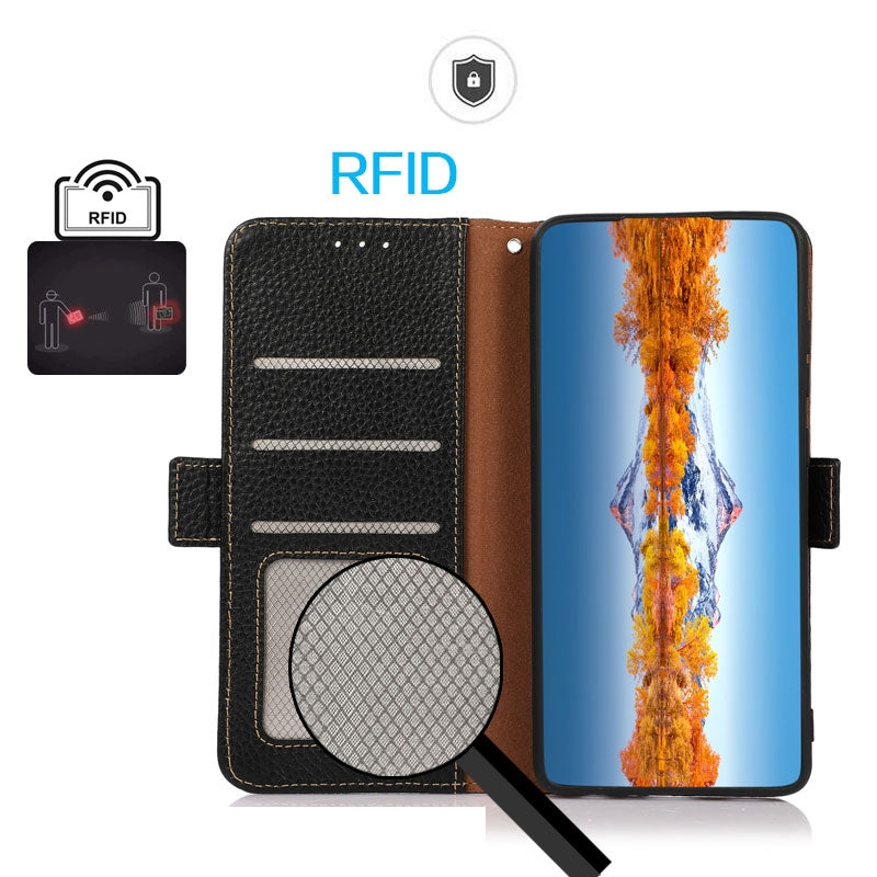 For Redmi 14C 4G KHAZNEH Side-Magnetic Litchi Genuine Leather RFID Phone Case(Black)