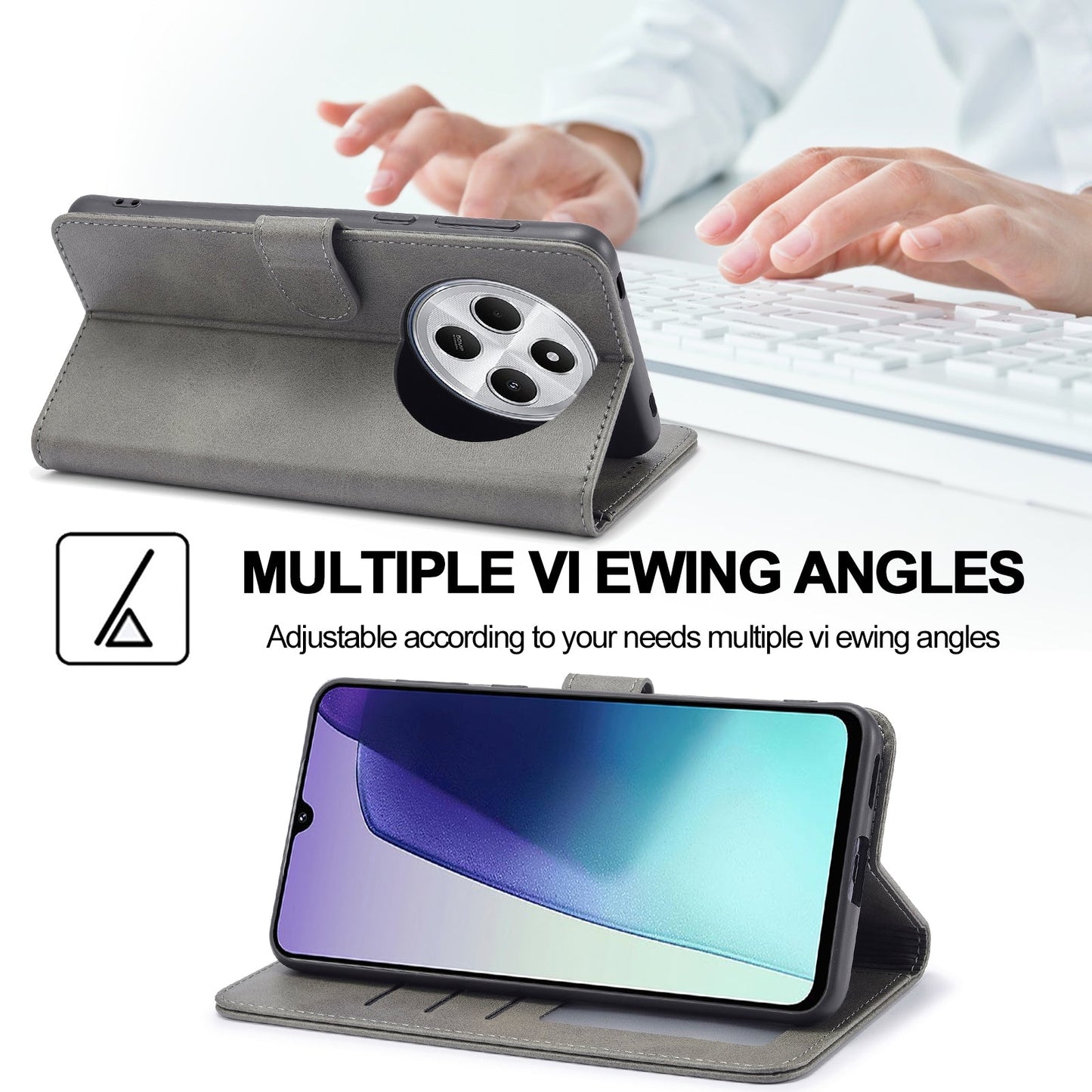 For Redmi 14C LC.IMEEKE Calf Texture Leather Phone Case(Grey)