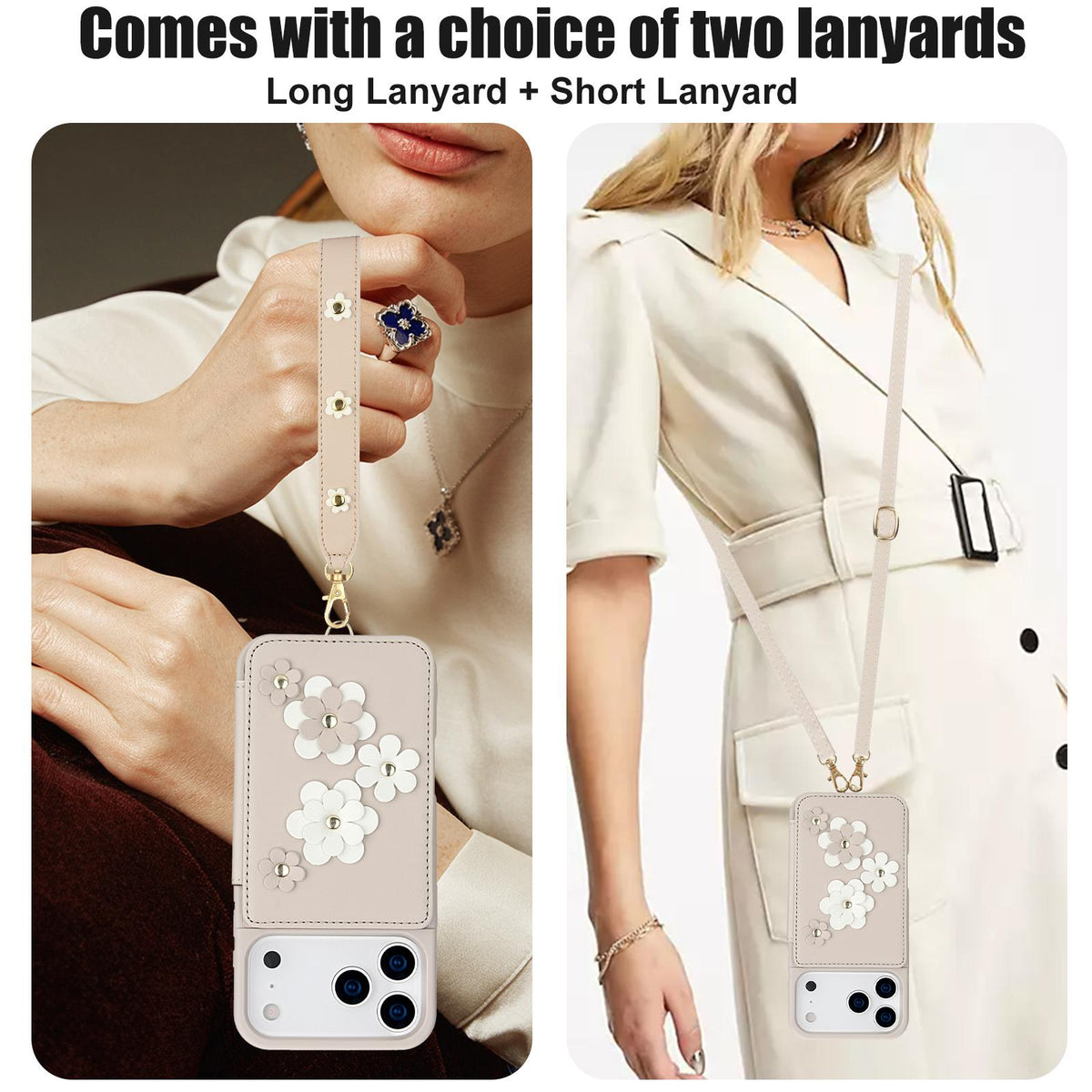 Compatible with iPhone 18 Pro Max & 17 Pro Max Crossbody Flower Pattern Leather Phone Case - White