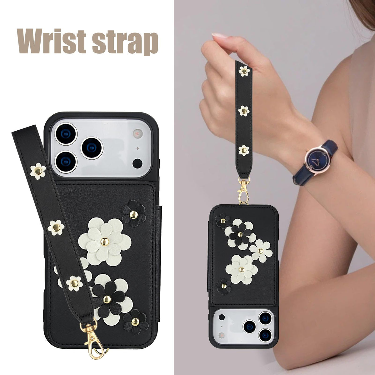 Compatible with iPhone 18 Pro Max & 17 Pro Max Crossbody Flower Pattern Leather Phone Case - Black