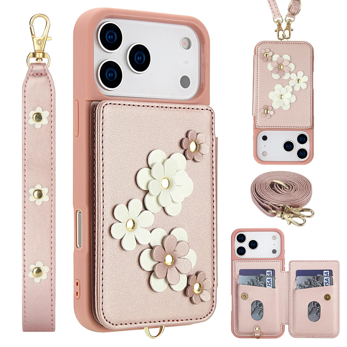 Compatible with iPhone 18 Pro Max & 17 Pro Max Crossbody Flower Pattern Leather Phone Case - Rose Gold