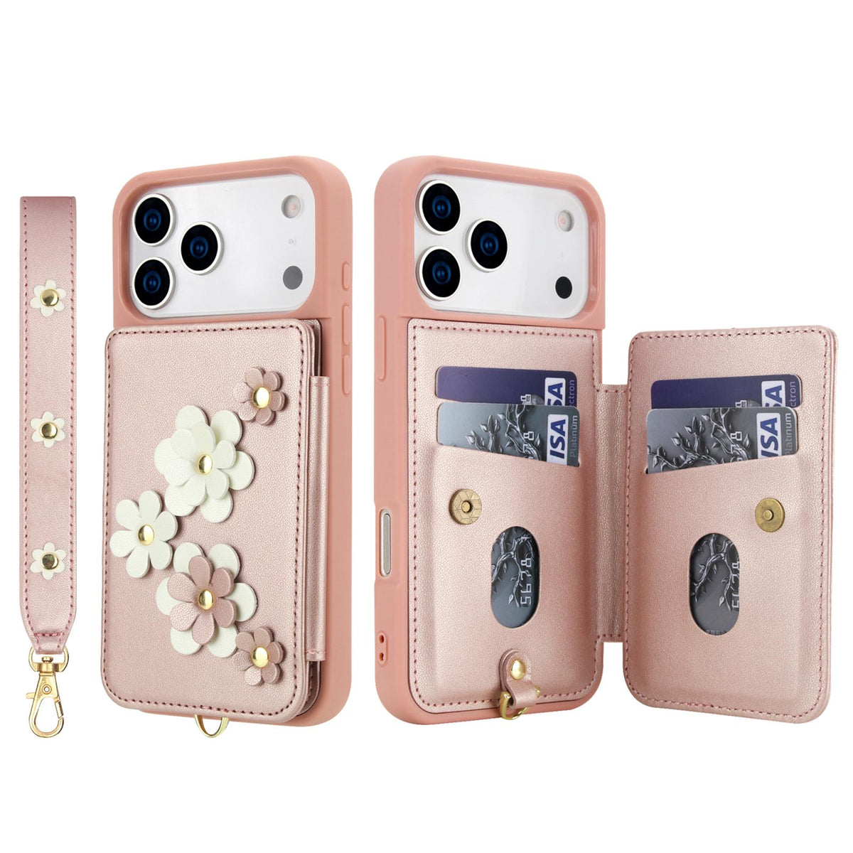 Compatible with iPhone 18 Pro Max & 17 Pro Max Crossbody Flower Pattern Leather Phone Case - Rose Gold