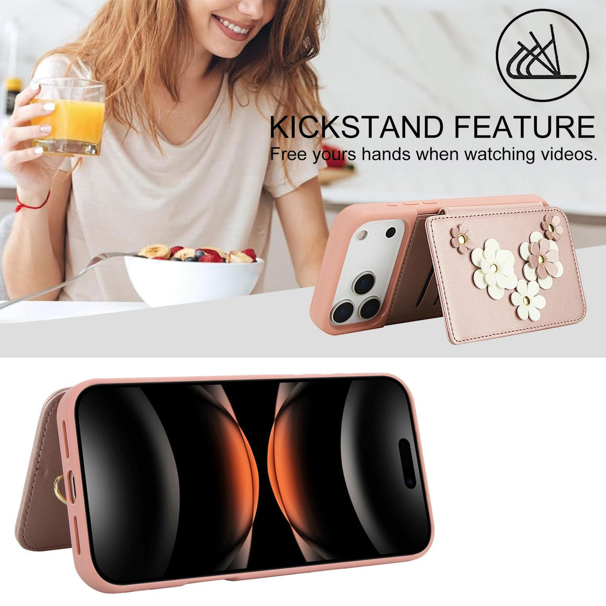 Compatible with iPhone 18 Pro Max & 17 Pro Max Crossbody Flower Pattern Leather Phone Case - Rose Gold